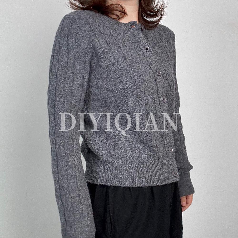 DIYIQIAN Damen Klassischer Retro Zopfmuster Woll-Cardigan - Herbst/Winter Rundhals Vielseitiges Oberteil