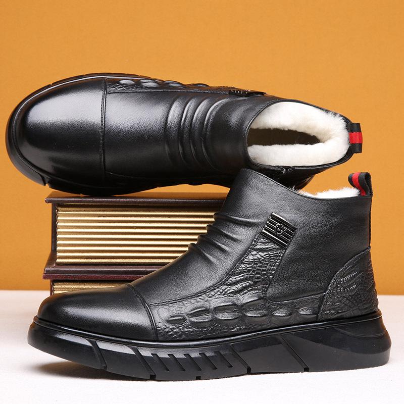 Leather Men's Shoes Winter Velvet Warm High-top Leather Shoes Crocodile Pattern Kuaishou Casual Shoes Men's Internet Celebrities Men's Cotton Shoes