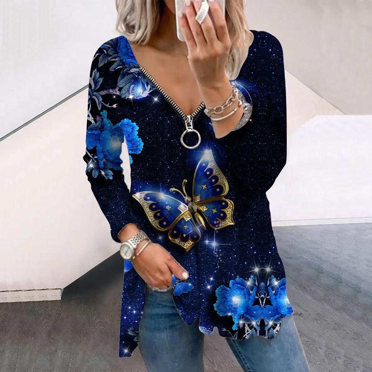 

Женские осенние футболки с длинным рукавом и принтом в виде 3D-бабочки и цветка, свободные футболки больших размеров с V-образным вырезом, удобные блузки 8XL темно-синий
