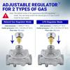 Adjustable Gas Pressure Regulator with Threaded Port and Metal Housing, Two Adapters for Propane or Natural Gas Grill Heater Oven Service