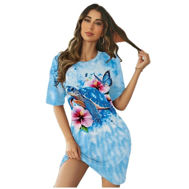 3D Print Dress 2026 Ladies Blue Turtle Print Short Sleeve Large Size T-Shirt Going Out & Home Wear Ladies Pajamas