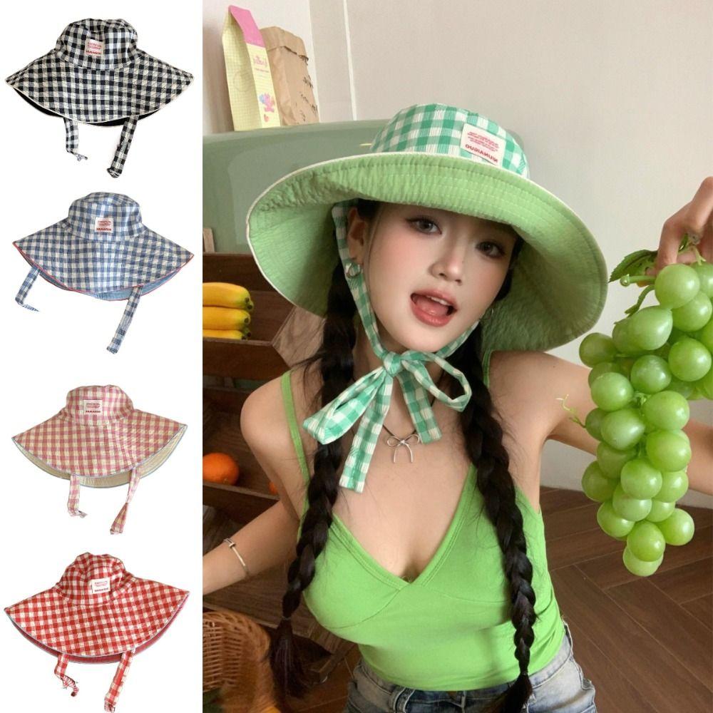 

Large Brim Fisherman Hat Lace Up Basin Caps Sweet Sun Protection Hat Women s рожевий