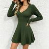 Women's V Neck Cable Knit Sweater Dress Long Sleeve Stretchy Waist Fit Flared Hem Casual Knitwear