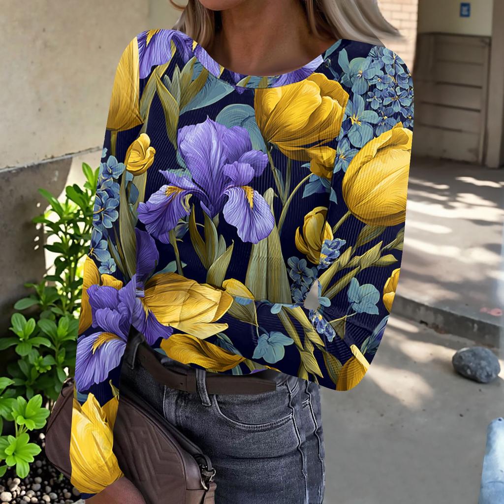 Women Casual Long Sleeve Crewneck Floral Print Ribbed Top Lightweight Pullover Loose Fit Soft Breathable Shirt for Daily Wear