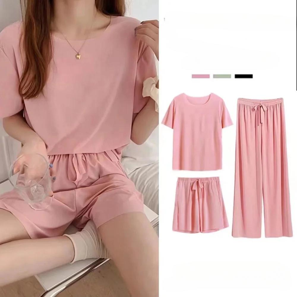 Ice Silk Pyjamas Three-Piece Set of Women's Homewear Trousers Simple Leisure and Comfortable Loose Short-Sleeved Shorts Suit