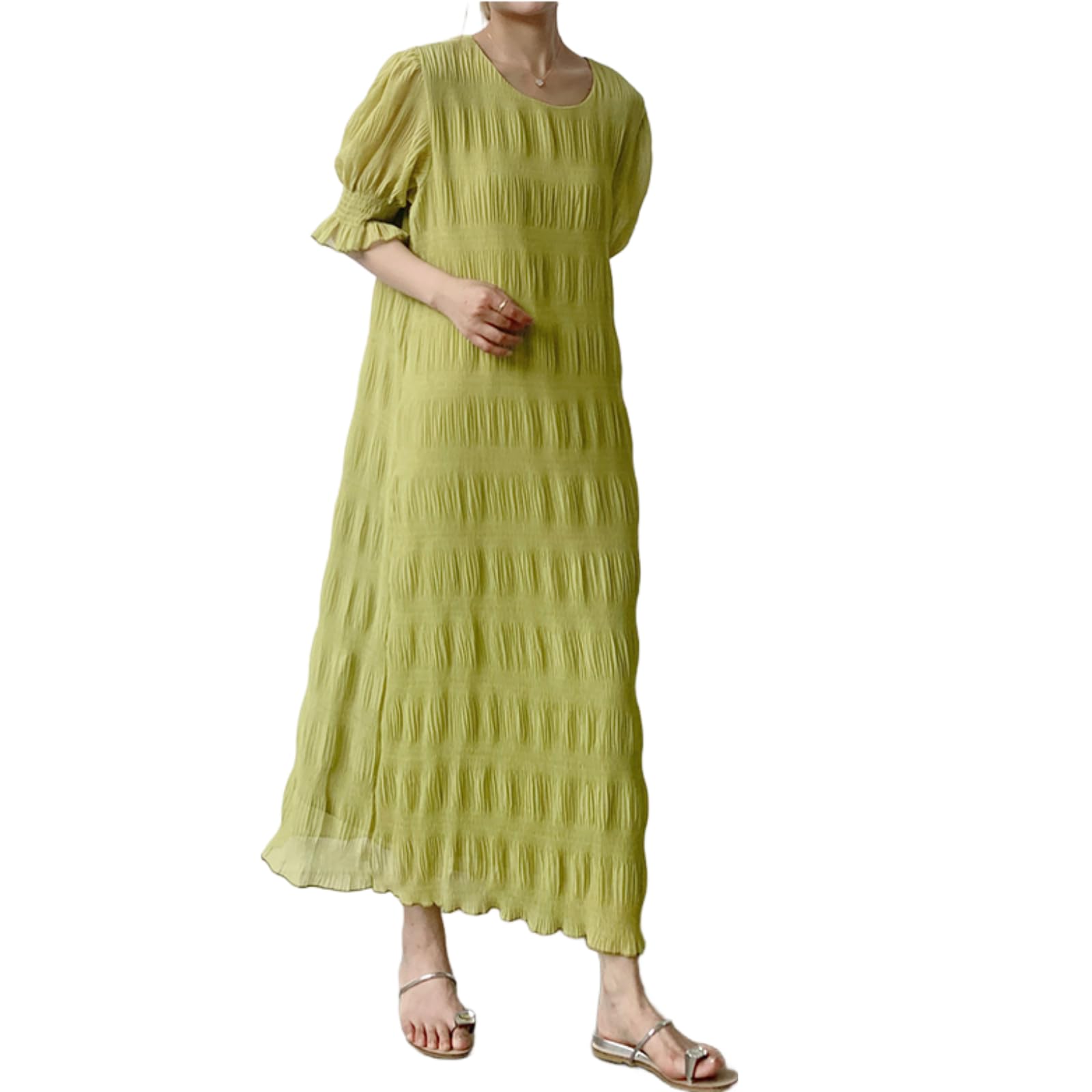 

Summer Short Maxi Puff Mori Autumn [JINJUDUO] Women s Dress, Sleeve, 100% Cotton, Long, Stylish, Slimming, Figure-Flattering, Cute, Dress, Chiffon, зелёный