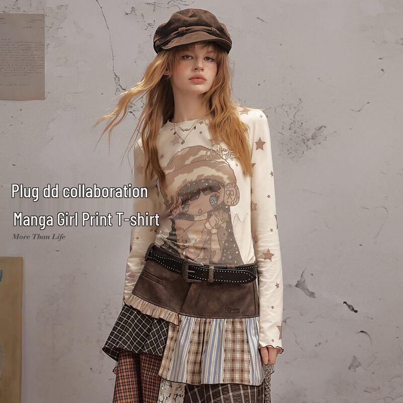 UNIFREE Retro Comic Girl Print Slim-Fit Long-Sleeve T-Shirt S