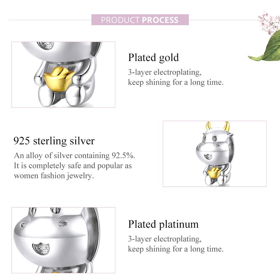 BAMOER 925 Sterling Silver Plated Platinum Playful Cute Lucky Cow Charm Beads Fit Original 3mm Bracelet