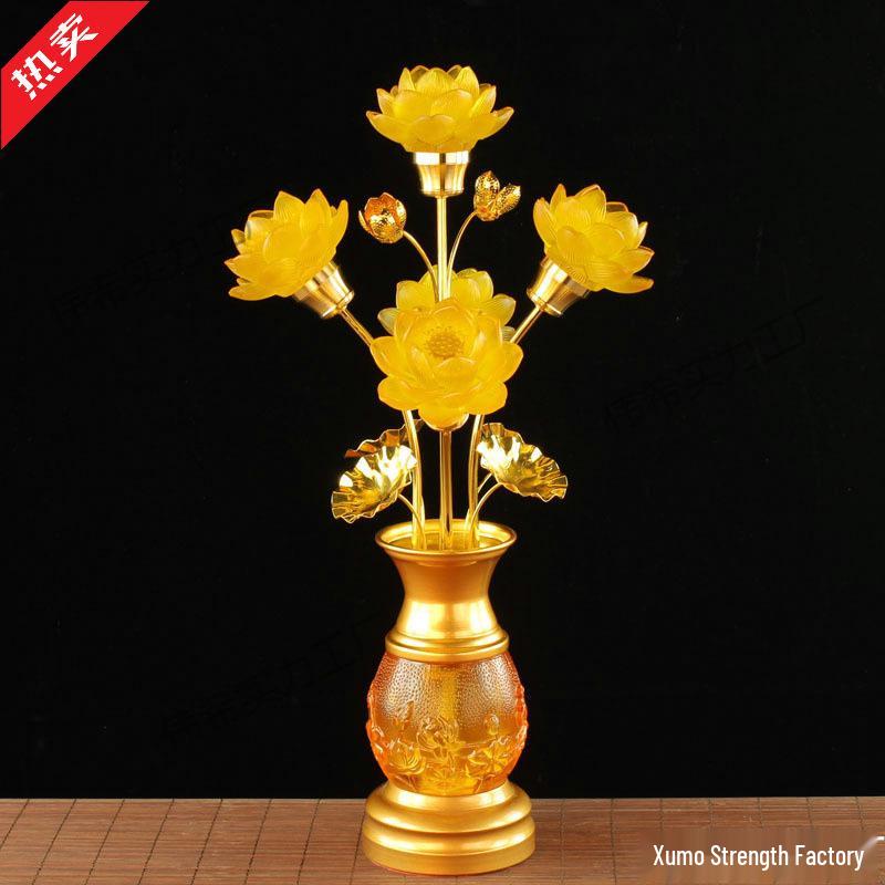 Seven-Color Lotus Lamp for Buddha Offering: Ever-Burning Guanyin Home Decor – Nine Horse Year Edition
