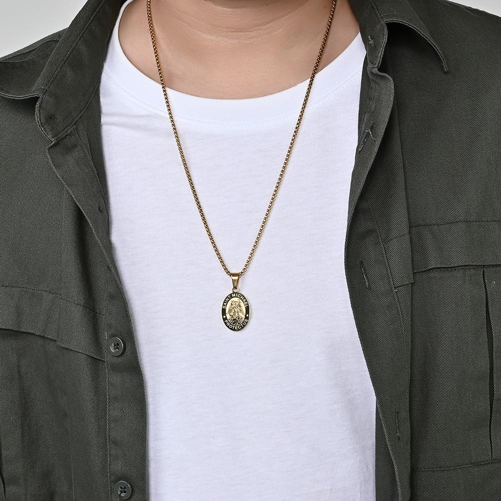 Saint Michael Pendant Necklace for Men Stainless Steel Cristobal Medal Archangel Catholic Religious Boys Jewelry Gift