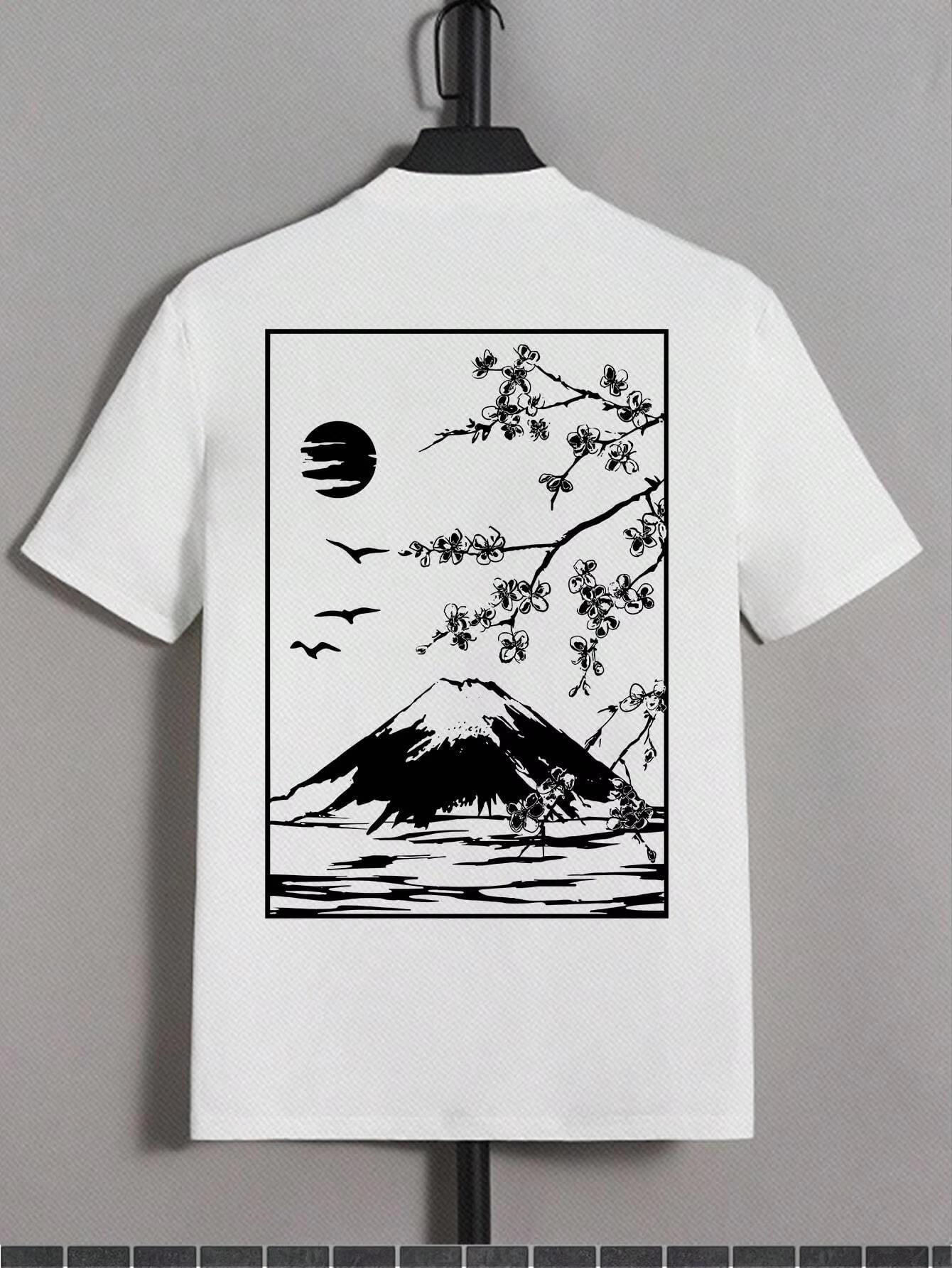 

Mount Fuji Cherry Blossom Print T-shirt Men s Fashion T-shirt Clothing Cotton Summer Casual Top Hip Hop Cotton Pine T-shirt 4XL