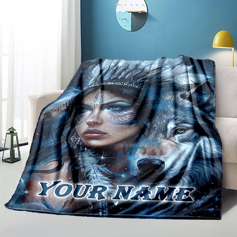 1PC Custom Name Native Spirit Wolf flannel blanket versatile,all-season throw suitable for the living room,bedroom,camping,travel,and gift