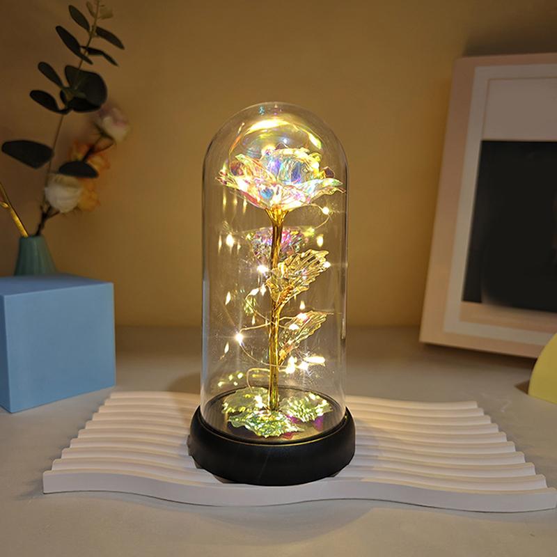 1 Set Light Up Wedding Galaxy Rose Decor Artificial Flowers Led Red Rose Valentine'S Day Gift Rose In Acrylic Cover Stand