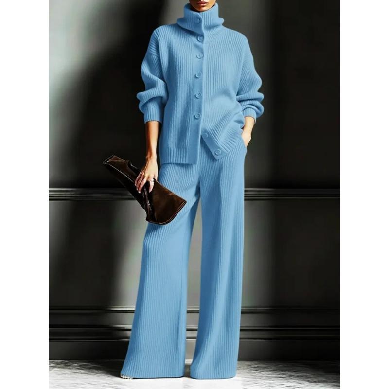 Autumn and Winter New High Collar Solid Color Cardigan Long Sleeve Top Wide Leg Pants Fashion Set Two Piece Set