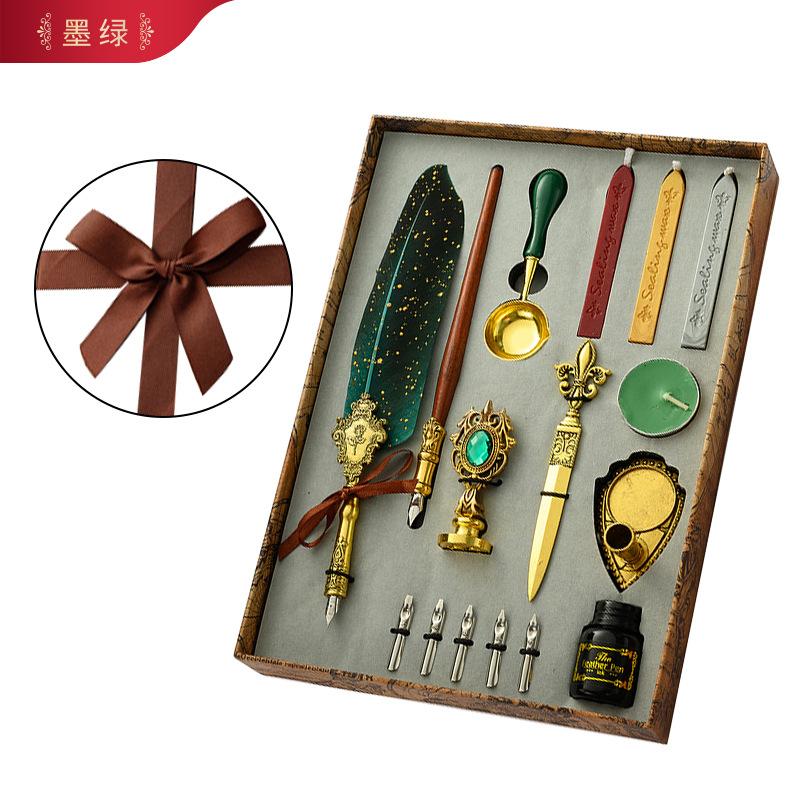 Retro Federkiel Schreibtinten-Set Schreibwaren Exquisites Federkiel-Tauchfeder Stempelset Kunstbedarf Basteln Geschenke für Schüler DIY