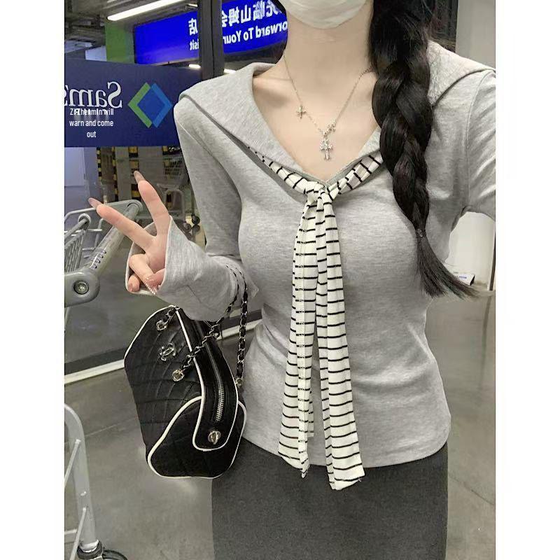 Women s School Style V-neck Striped Navy Collar Slim Fit Long Sleeve Ribbon T-shirt Large серый