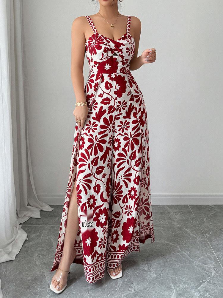 2025 Elegant Twist Print Spaghetti Strap Backless Jumpsuit with Wide Leg and Long Pants Skirt