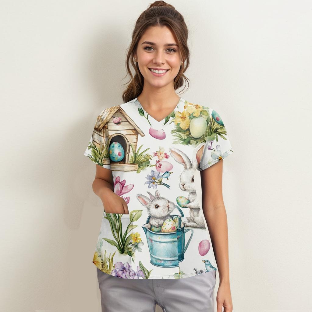 Kvinnemote V-hals kortermet arbeidstøy med lommer trykte topper