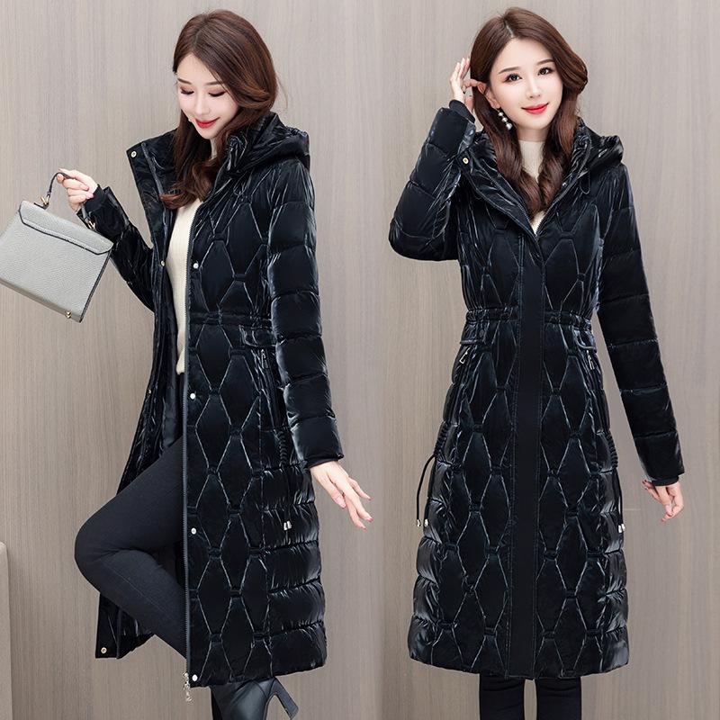 Cappotto invernale da donna con cappuccio in colore a contrasto, tasca grande, lucido, antivento, caldo, piumino, piumino imbottito in cotone, Parka