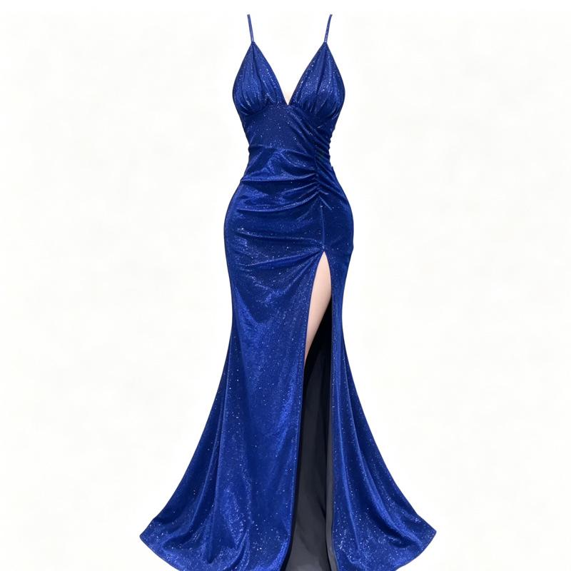 Französisches Promi-Partykleid Premium Hals Langes Kleid Sexy Neckholder V-Ausschnitt Hoher Schlitz Taillenkleid