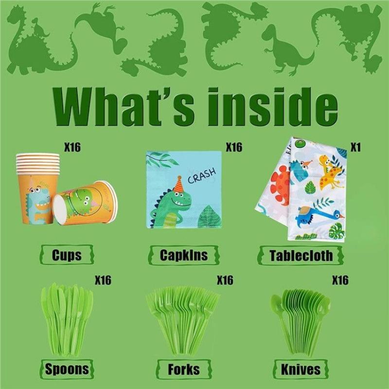 Green Dinosaur-themed Disposable Tableware Set for Children's Birthday Party Scene Decoration Supplies