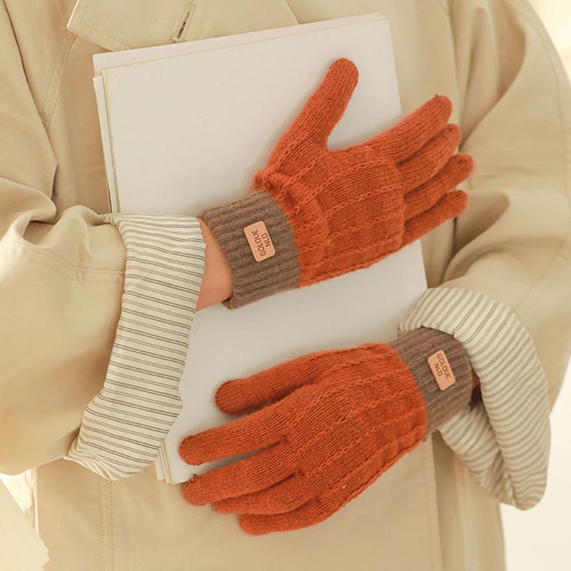 

Вязаные женские осенне-зимние противоскользящие бархатные двухцветные жаккардовые перчатки коричневый