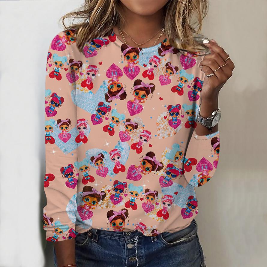 Tops For Women Loving Little Person Print Round Neck Long Sleeve T-shirt Fall Casual Slim Pullover Women's Long Sleeve Top