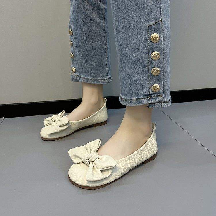 Schwarze Arbeitsschuhe flacher Mund flacher Boden Damenschuhe neue Schleife Beanie Schuhe weiche Sohle Mode vier Jahreszeiten einzelne Schuhe Mutterschuhe