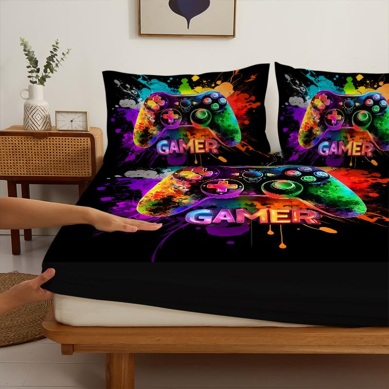 3PC Oil Color Game Console Bed Sheet, 1 fitted Sheet+2 Pillowcases, Digital Printing Technology, Comfortable and Soft Fabric