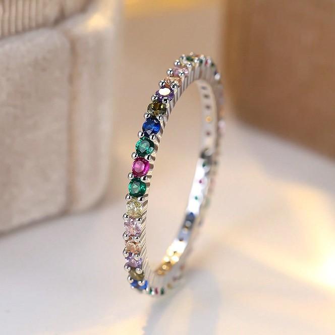 Cute Female Small Rainbow Round Zircon Stone Ring Trendy Silver Color Bride Wedding Jewelry Gift for Women