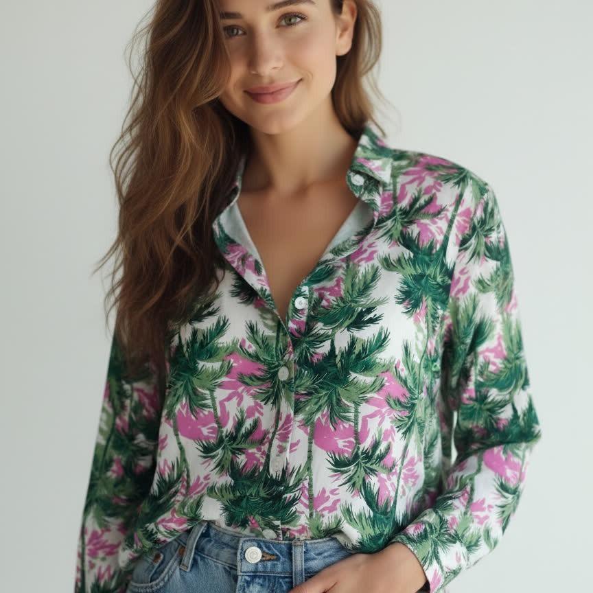 2026 Floral Lapel Mid-length Women s Shirt: Stylish and Subtle Design XL