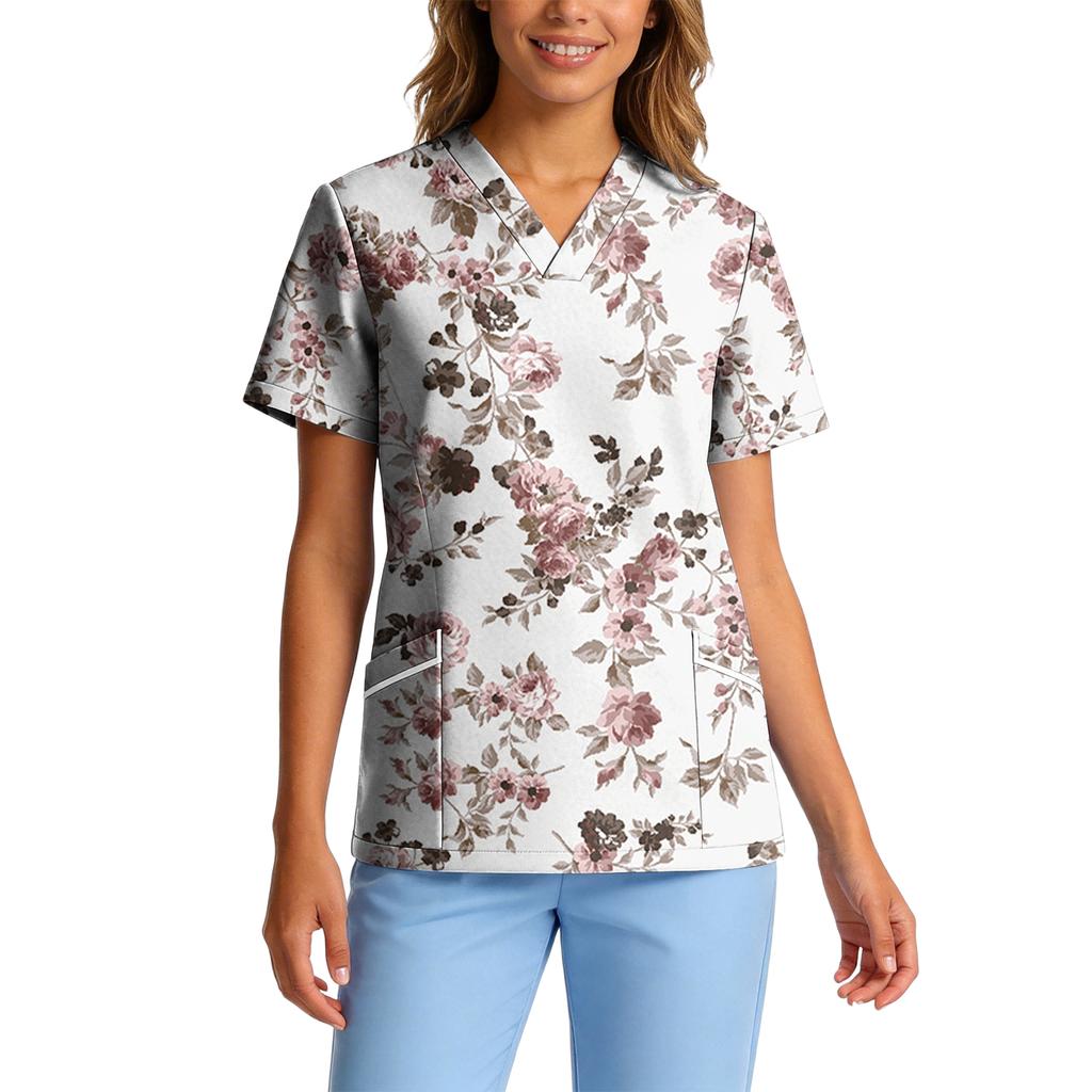 Bluză medicală de damă elastică, cu uscare rapidă, gât în V, mânecă scurtă, cu buzunare, imprimeu floral, uniformă