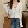 Women's Spring Korean-style Designed V-neck Ruffled Trim Slim Long-sleeve Knit Cardigan