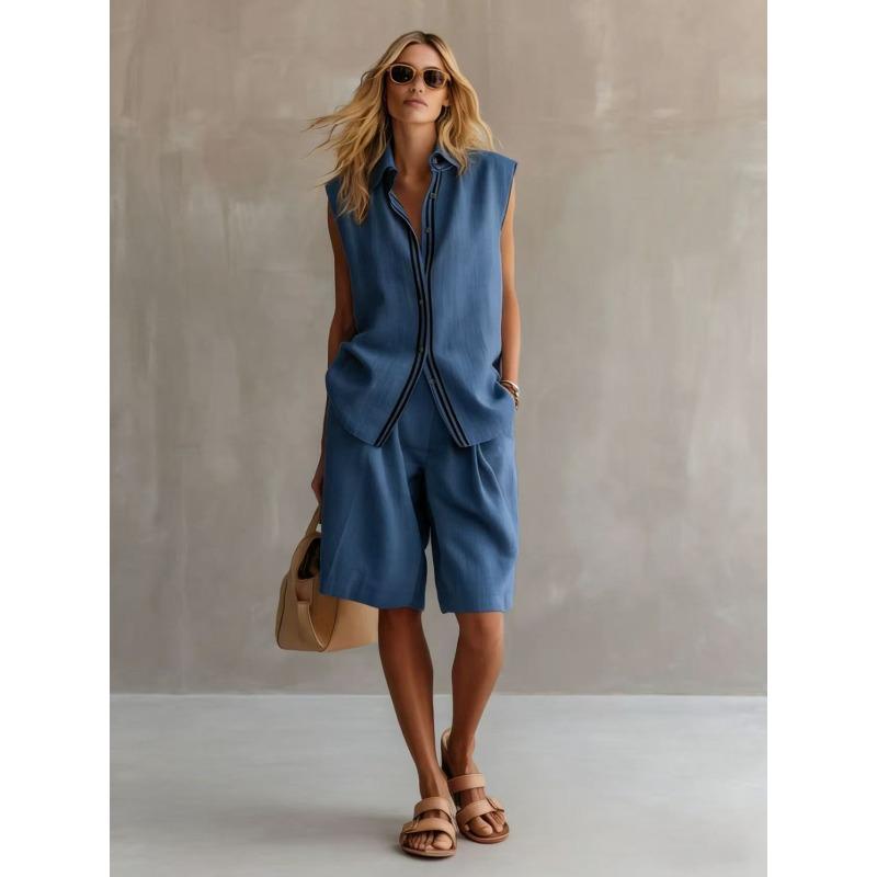 Summer New Style Fashionable Casual Two-piece Women's Single-button Sleeveless Shirt Set