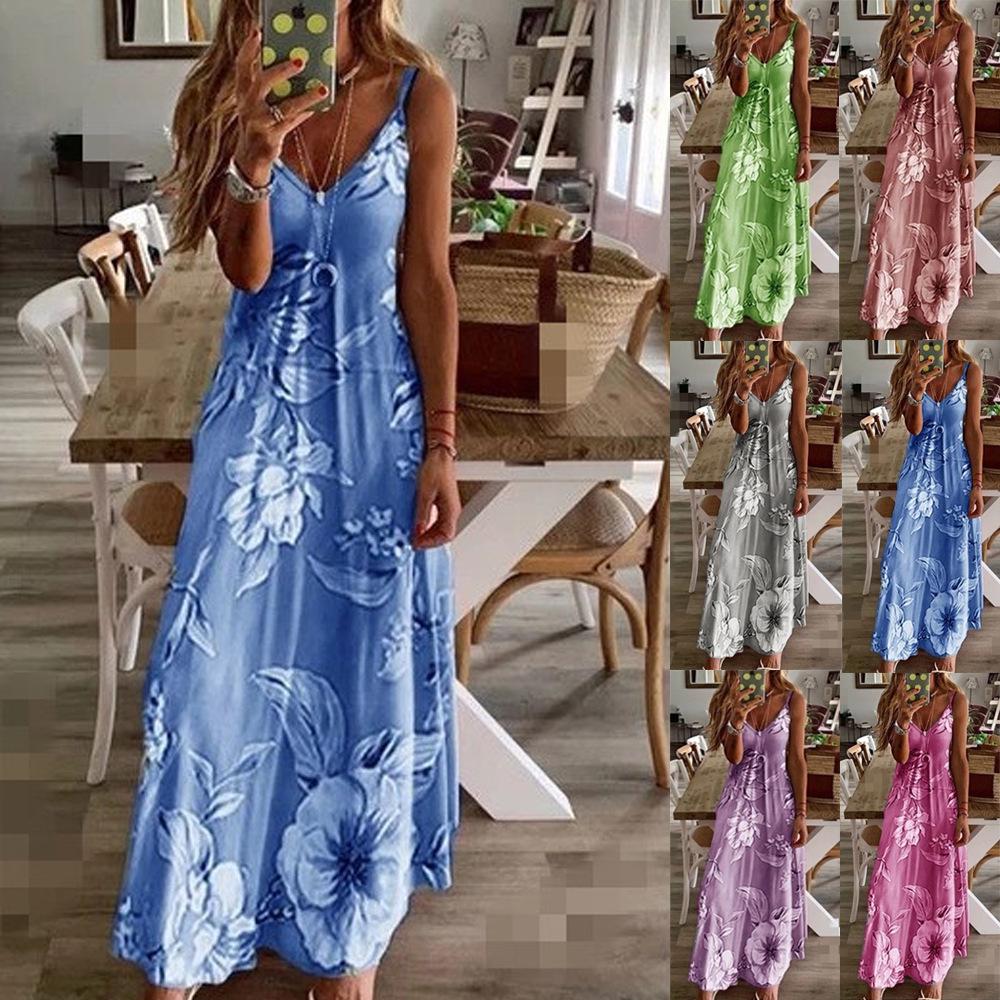 Abito Primavera Estate Donna Stampa Floreale Verde Scollo a V Lungo Vestito Rilassato Bohemien Senza Maniche Abito da Festa in Spiaggia Donna