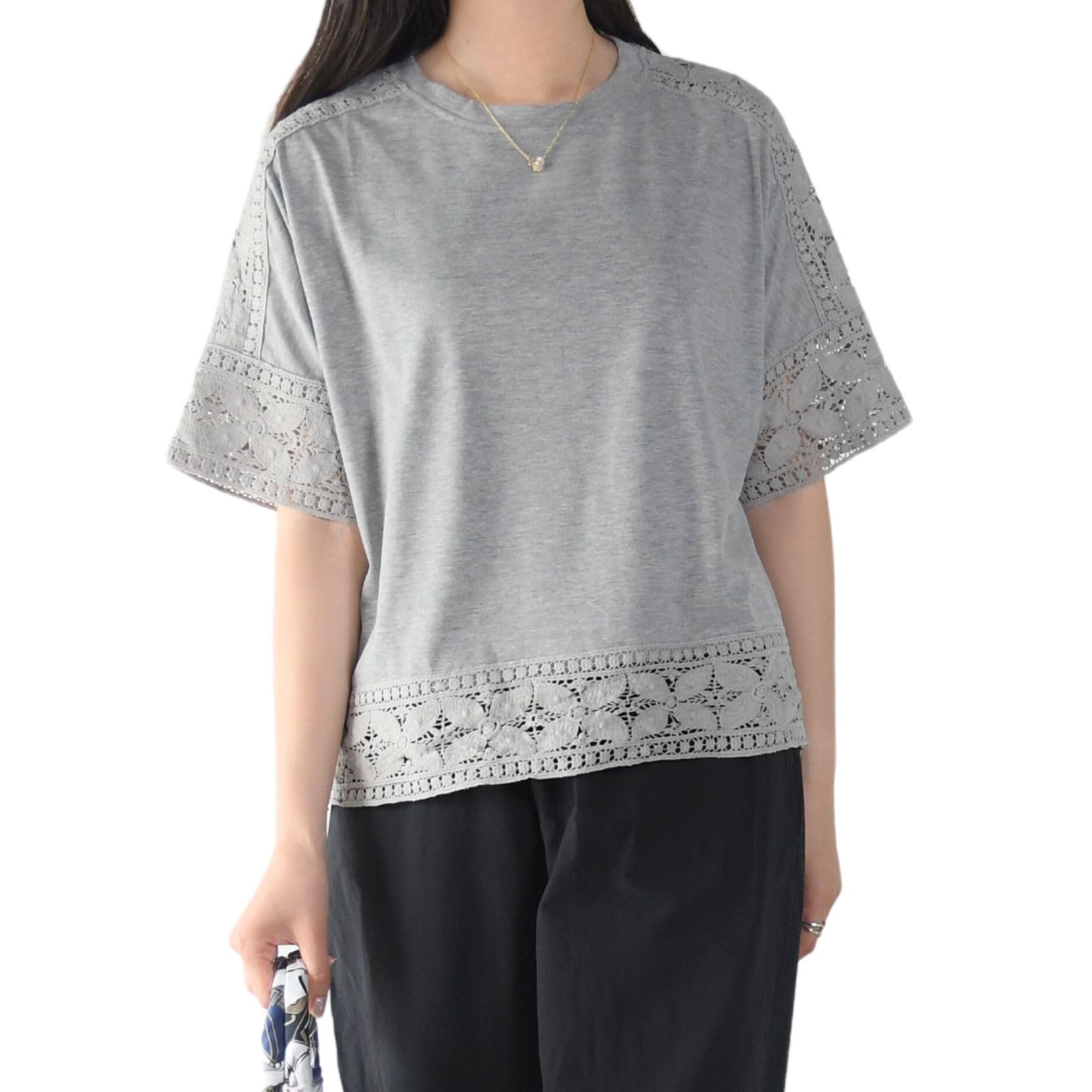 

для экипажа цветочный свободный размер [MafLu.] Женская футболка с коротким рукавом, рукав 5/8, летняя, элегантная, вырез, трикотаж, свободного кроя, с рисунком, кружево,