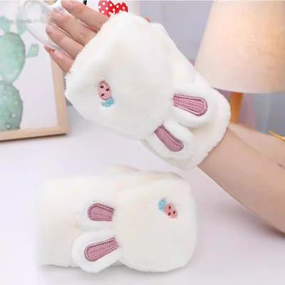 Rabbit Ears Half-finger Gloves Korean Version of Student Warm Cute Plush Flip Cartoon Plush Thickened Gloves Female