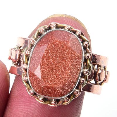 Natürlicher Sonnenstein Edelstein Handgefertigt 925 Sterlingsilber Zweifarbig Ring Größe 9 R8R78