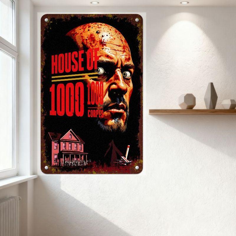Vintage House of 1000 Corpses Metal Sign Horror Movie Wall Decor with Rusty Texture, Gothic House & Car Illustration for Man Cav
