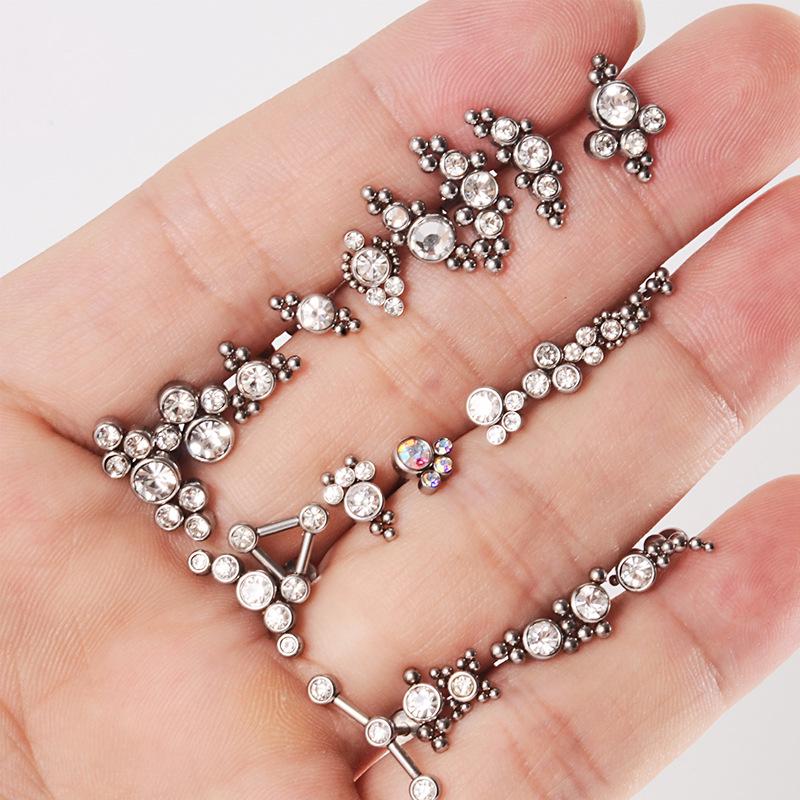 Titanium Steel 1.2 Gauge Crystal Cluster Triangle Lip & Ear Piercing Ring