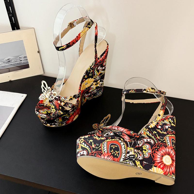 Liyke Fashion Design Metal Butterfly Open Toe Wedge Sandals For Women Flowers Cloth Platform High Heels Summer Party Dress Shoes