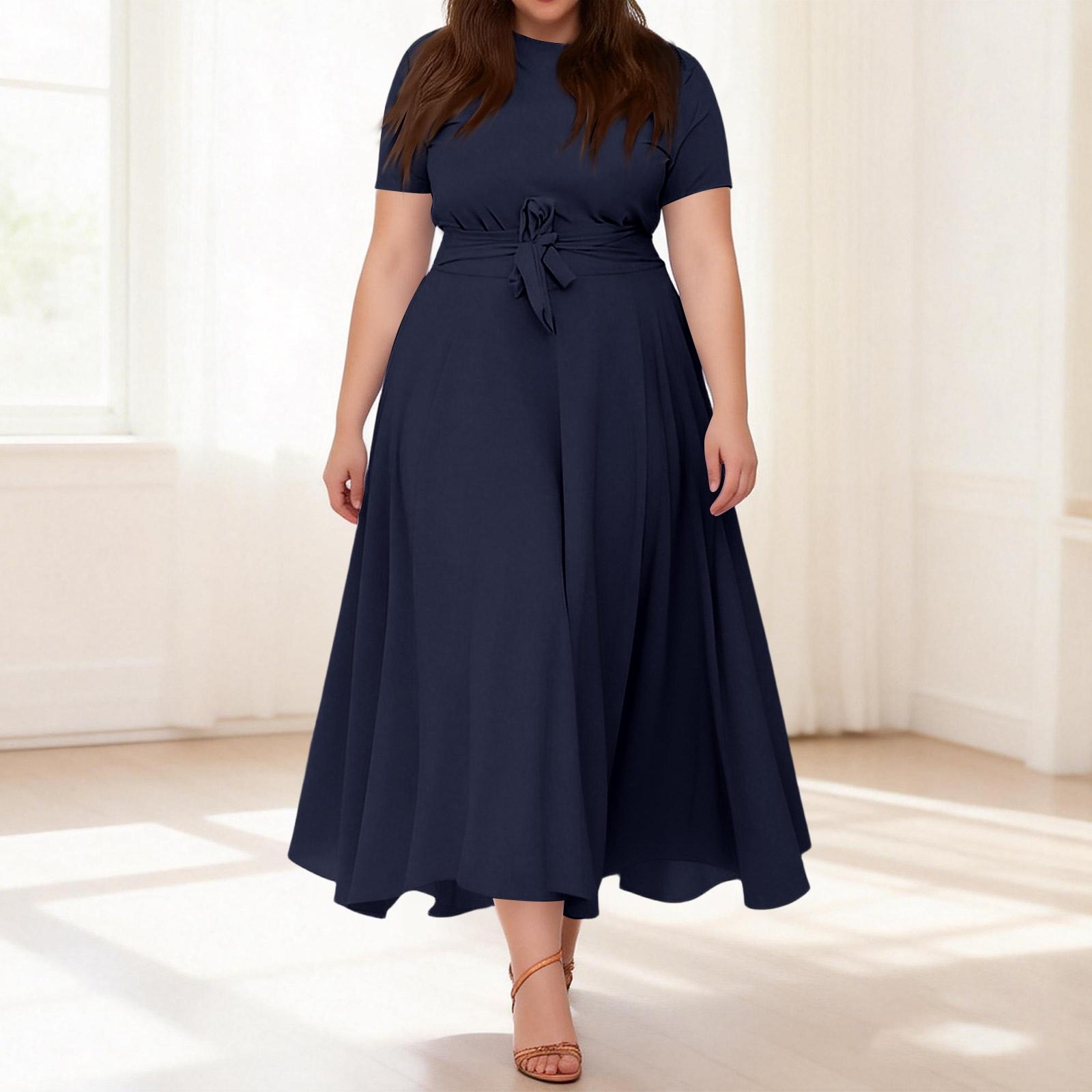 

Women s Casual Fashion Large Size Color Round Neck Short Sleeve Pocket Straps Swing Dress XXL Темно-синій
