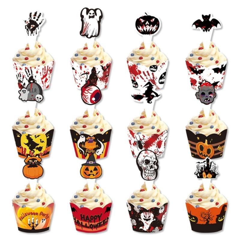 652F Halloween Theme Small Cupcake Toppers Cupcake Wraps Party Decorations Mini Pumpkins Skull Bat Cupcake Decoration