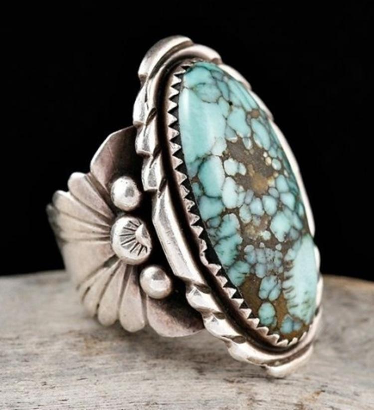 Vintage Bohemian Blue Plaid Turquoise Ring For Women Unique Fashion Statement Jewelry Band