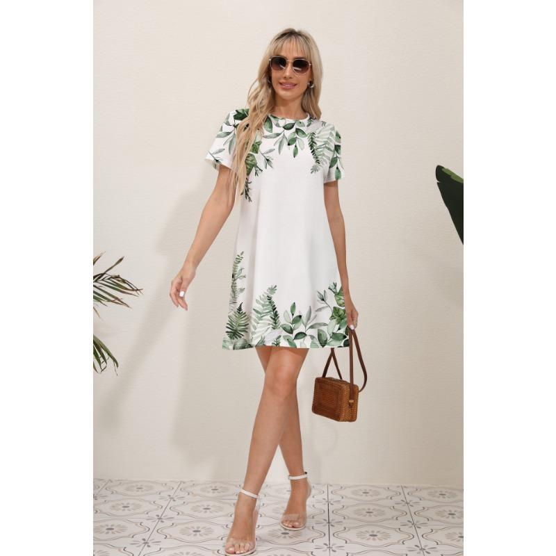 Summer Latest Women's Fashion Print Street Trend Round Neck Sweet and Fresh Flowers Solid Colors Suitable for Beach Dresses
