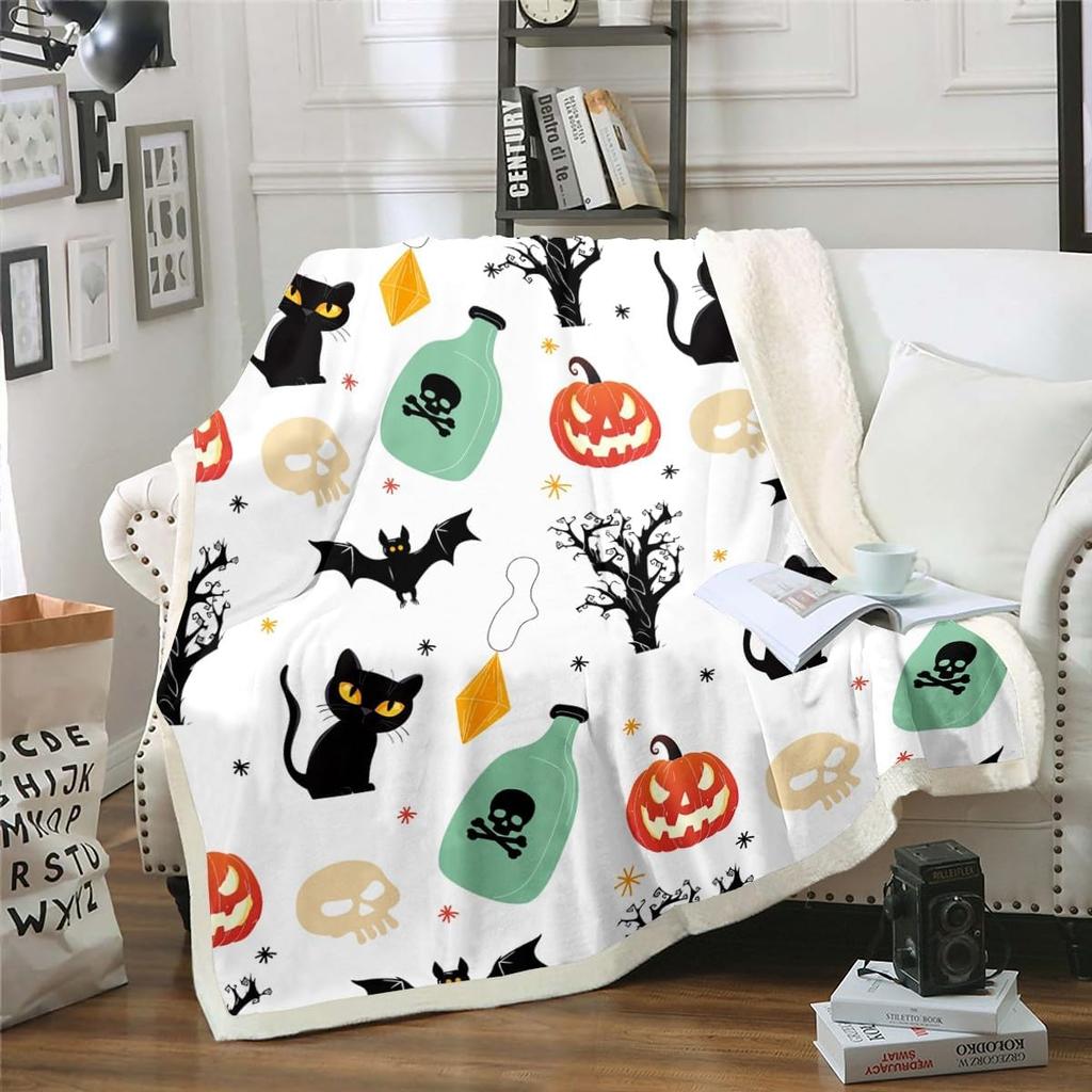 Halloween Ghost Blanket Soft Fleece Throw Pumpkin Spider Web Design Home Decor Party Gift Kids Room
