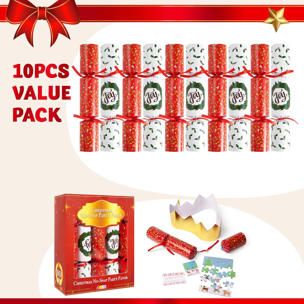 10 Pack Xmas Non-Snap Celebration Favor Classic Table Favor Comes With Celebration Cap Jokes Gifts designed for Xmas Table Decorations