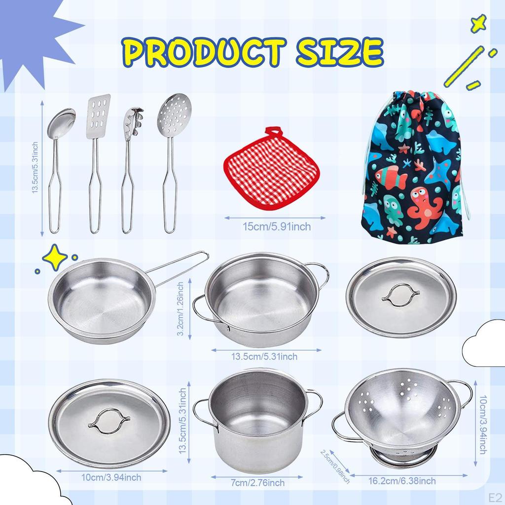 Kitchen Pretend Play Toys Playset Pots and Pans Mini Stainless Steel Cooking Utensils