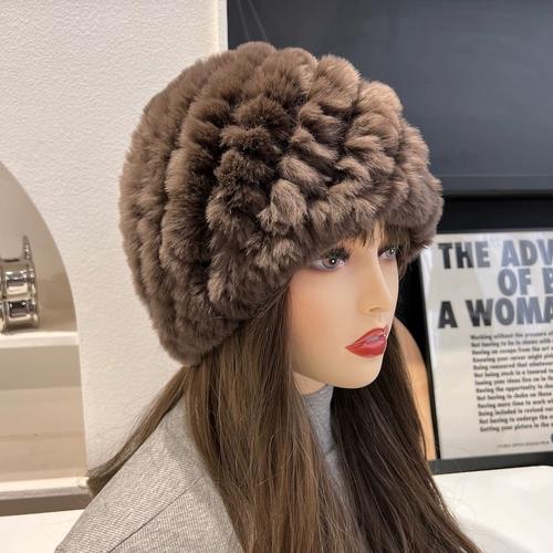 Real Rex Rabbit Hair Hat Women's Thickened Hair Hat Fur Cold Warm Ear Protection Plush Knitted Hat Baotou Hat Autumn and Winter
