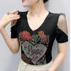 Streetwear Girl Chic Summer T-shirt Fashion Sexy Slim Women Flower Heart Tops Shiny Rose Hot Diamonds Design Tees